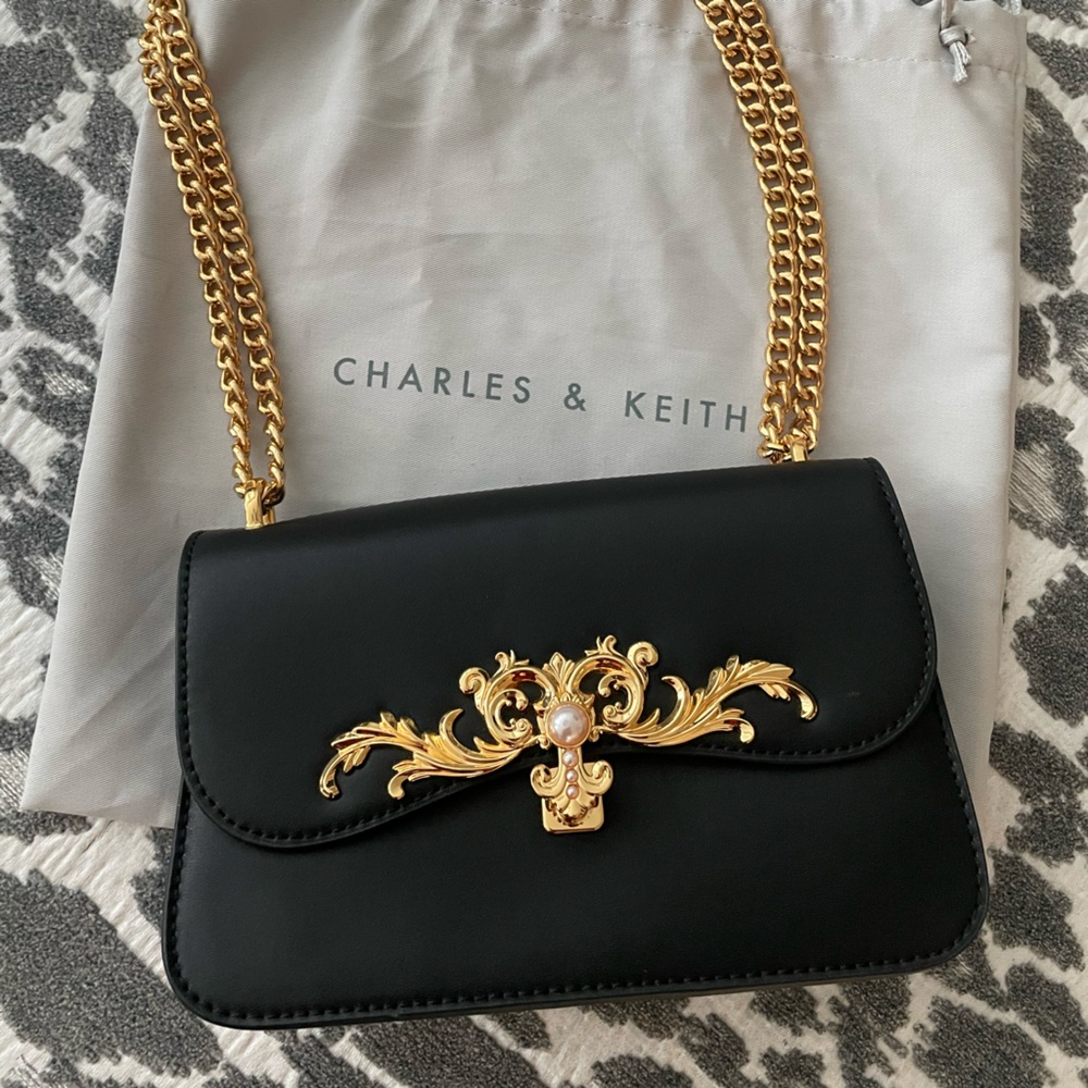 Charles & Keith Black Bag with Gold Chain Purse